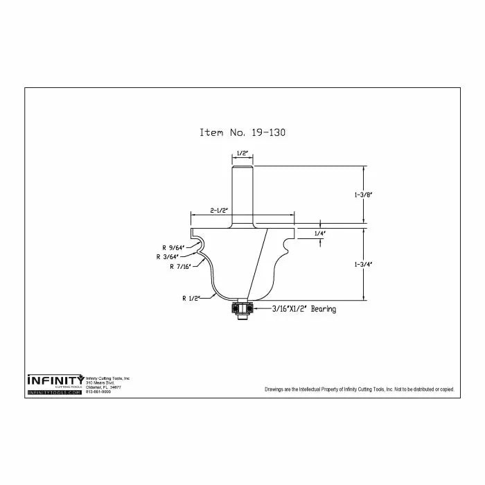 Router bit technical drawing with measurements, labeled as item No. 19-130, showing detailed profile and dimensions for woodworking.