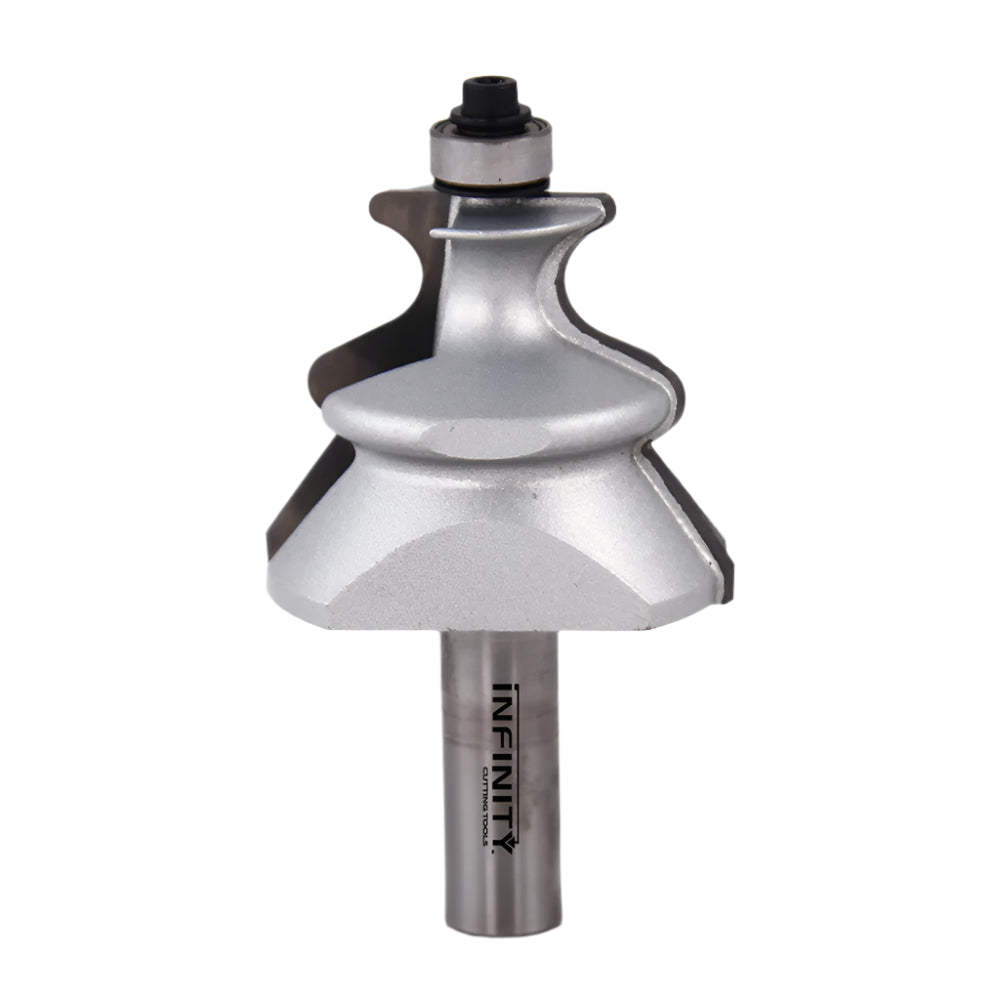 Woodworking router bit with ball bearing guide and intricate steel cutting edges