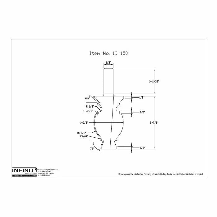 Technical drawing of router bit with detailed dimensions and profile for woodworking.