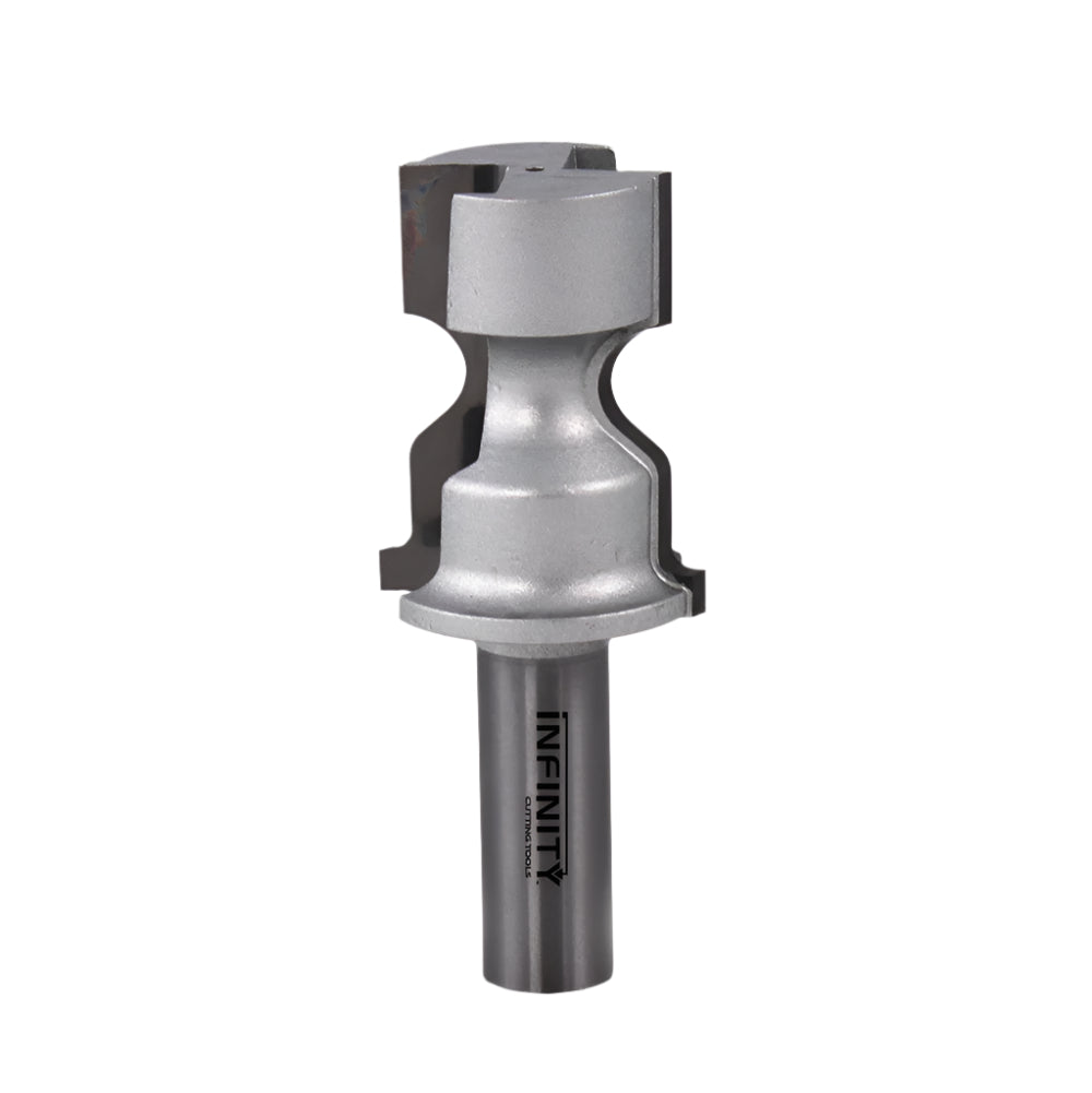 Carbide-tipped router bit with complex profile for woodworking, isolated on white background