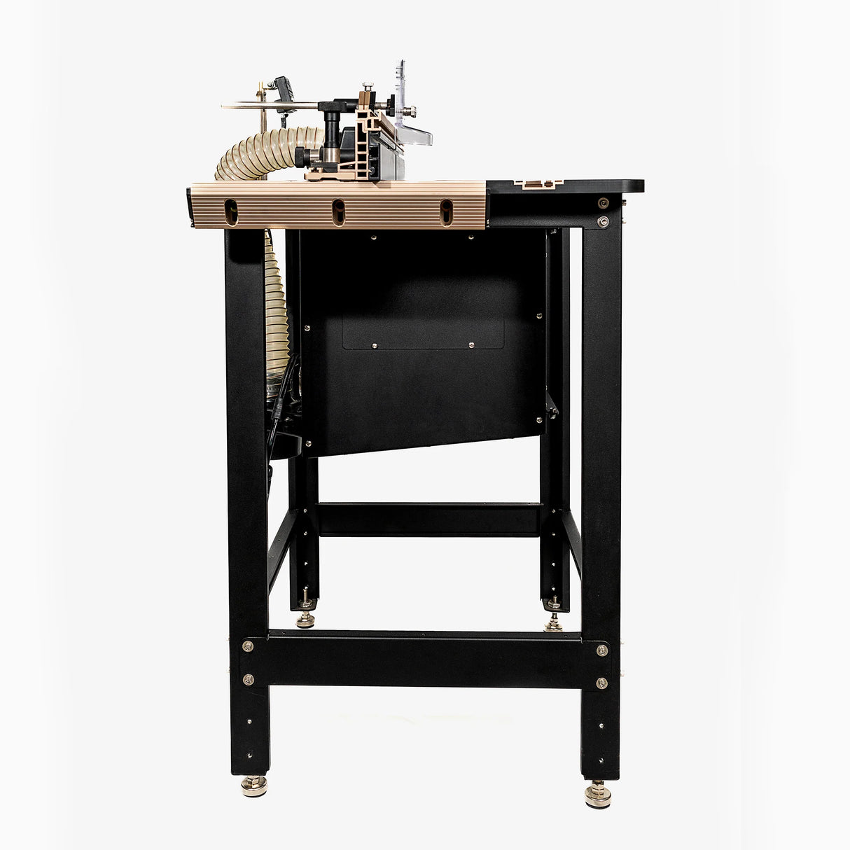 Side view of a woodworking router table with fence, dust collection hose, and sturdy metal legs