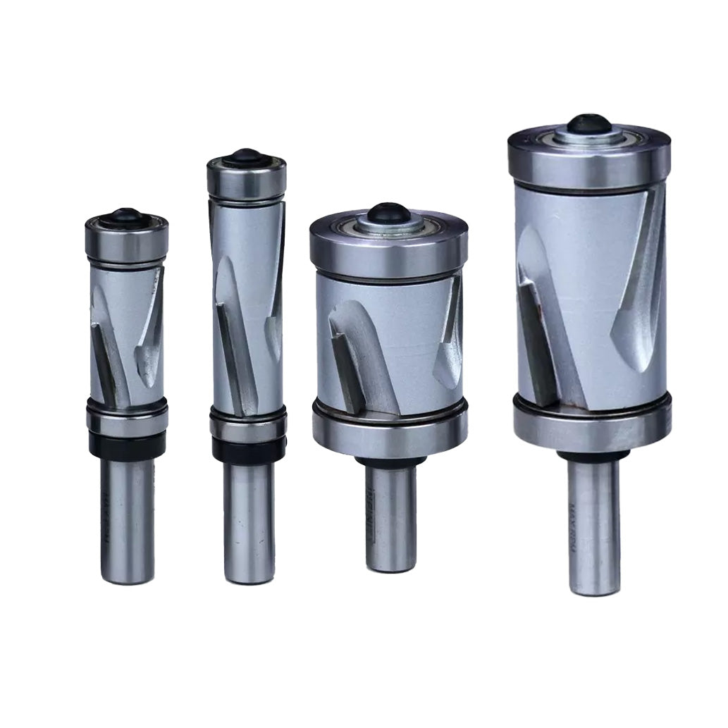 Set of four flush trim router bits for woodworking, various sizes, on white background