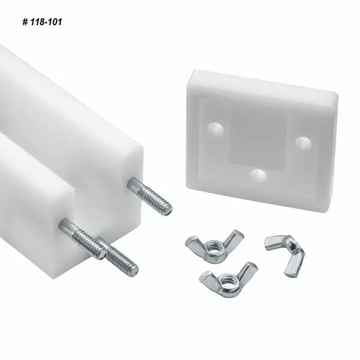 Woodworking jig hardware set with white plastic blocks, metal bolts, and wing nuts