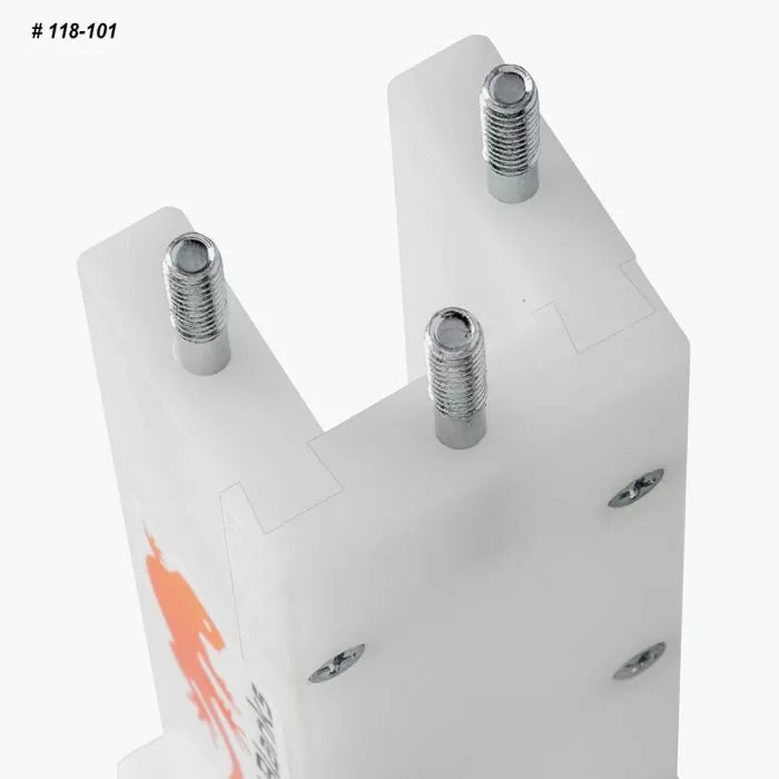 Close-up of woodworking jig with threaded metal bolts for precision joinery applications