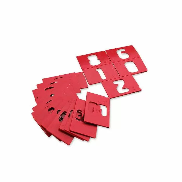 Red plastic router setup blocks with cutout numbers for woodworking tool setup