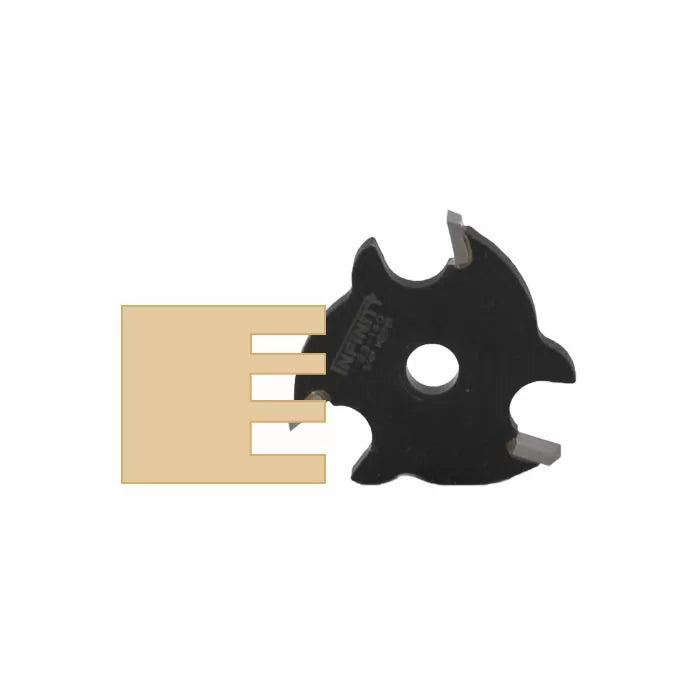 Groove cutting router bit with black carbide blade and wood joinery sample