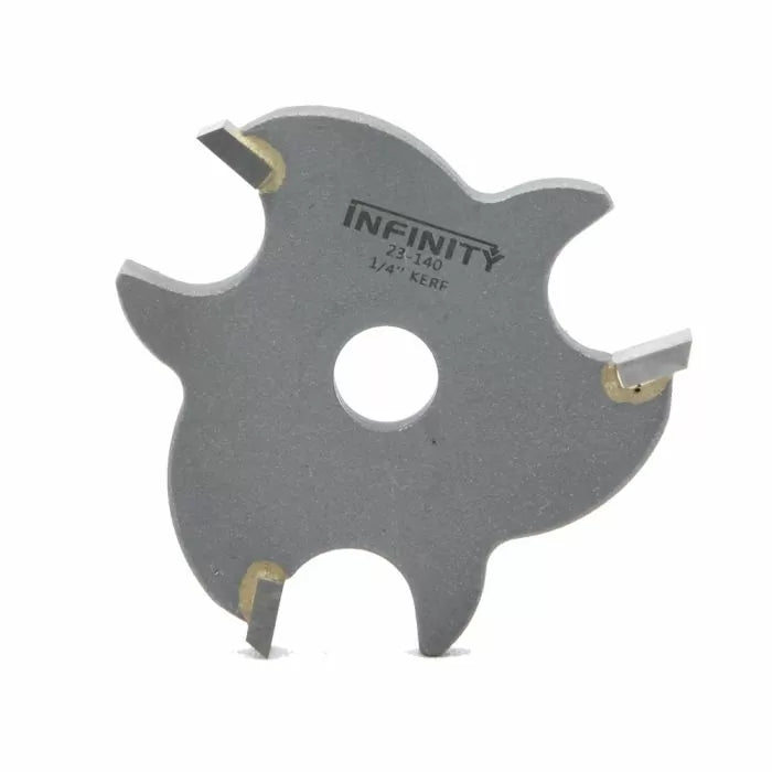 Carbide-tipped slot cutter saw blade with four cutting teeth and 1/4 inch kerf.