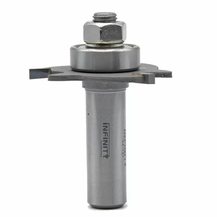 Groove cutting router bit with bearing for woodworking, isolated on white background.