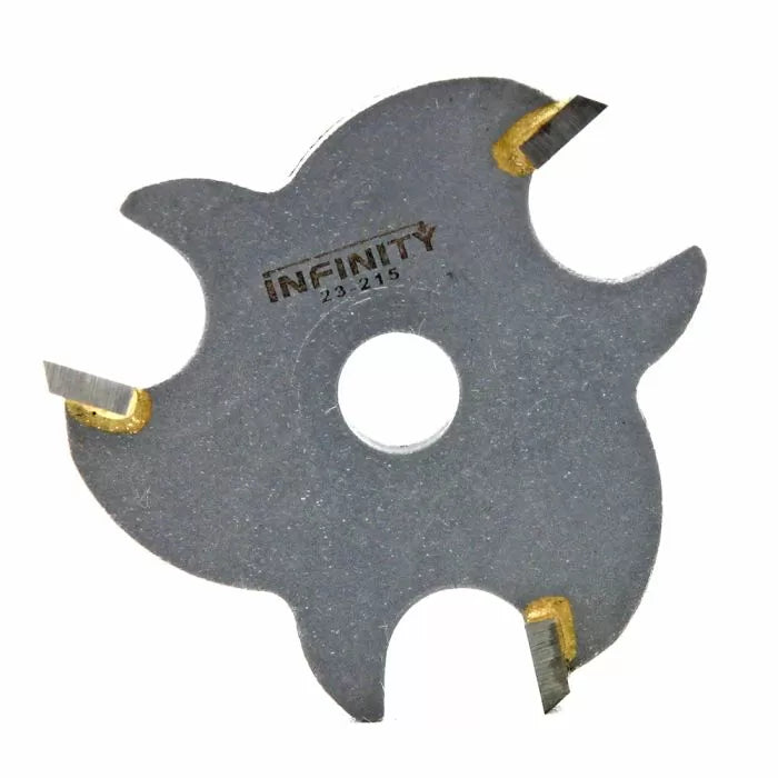Carbide-tipped slot cutter blade for woodworking, four teeth, close-up on white background.