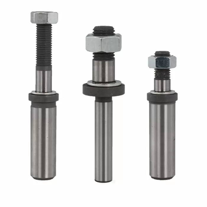 Three steel template router bit guide bearings with nuts and washers, woodworking tool parts
