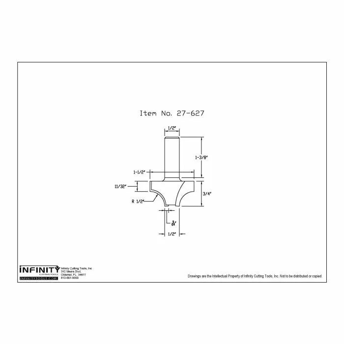 Technical drawing of 27-627 router bit with detailed dimensions for woodworking.