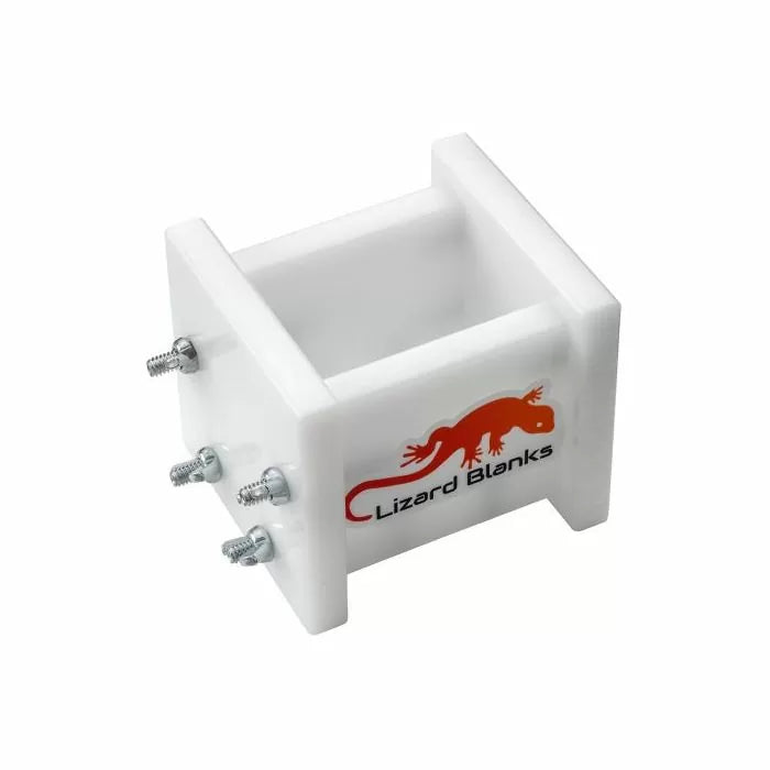 White acrylic 2x2x3 casting mold with screws and Lizard Blanks logo for woodworking blanks
