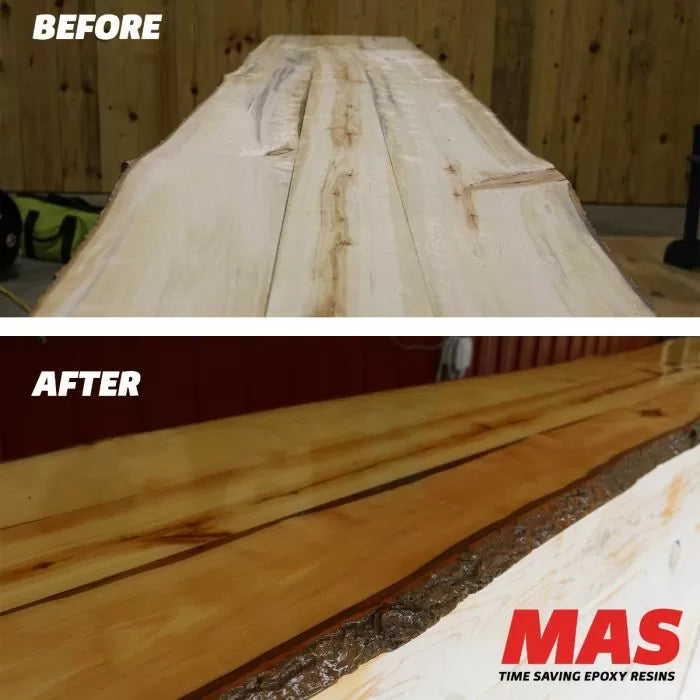 Before and after comparison of unfinished and epoxy-finished live edge wood slab for woodworking.