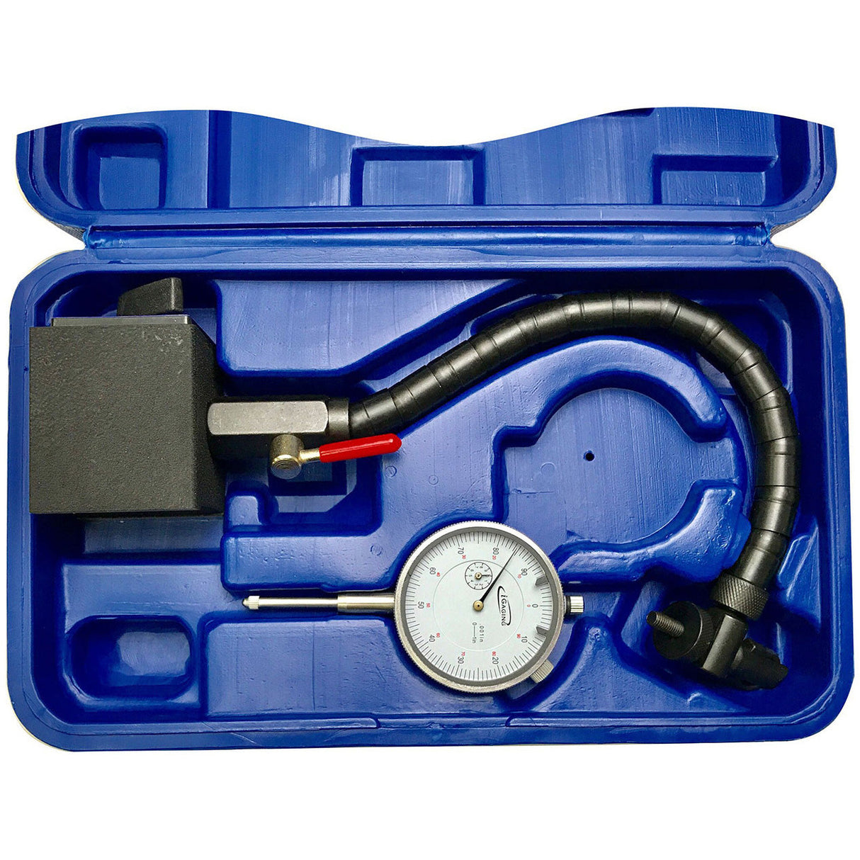 Flexible arm magnetic base with dial indicator kit in a blue case for woodworking measurement