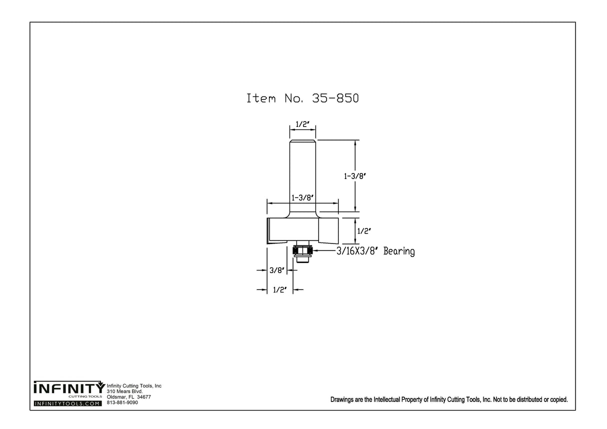 Technical drawing of 35-850 router bit with dimensions and 3/16 x 3/8 bearing for woodworking.
