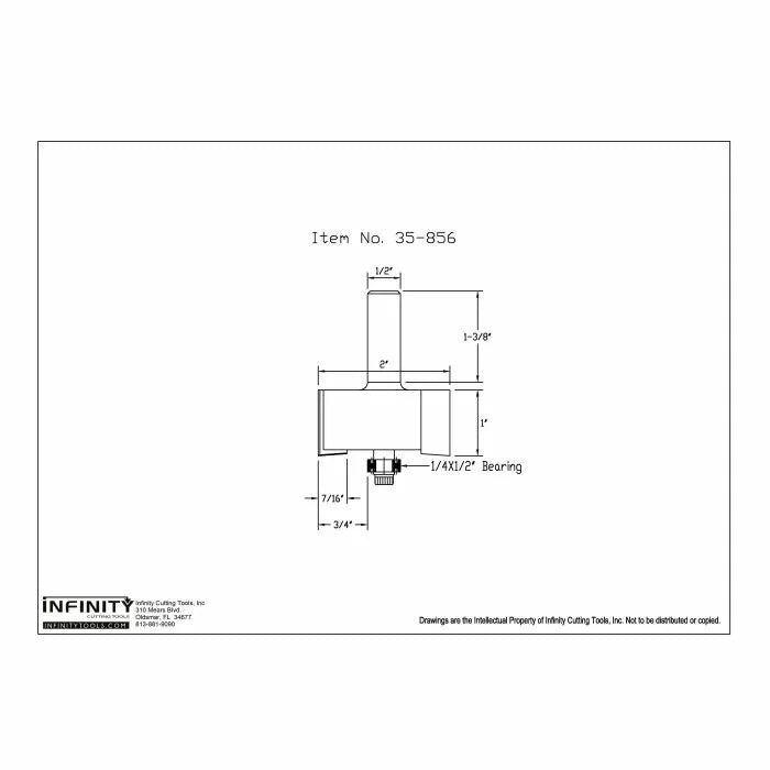 Technical drawing of woodworking router bit with detailed dimensions and bearing size.