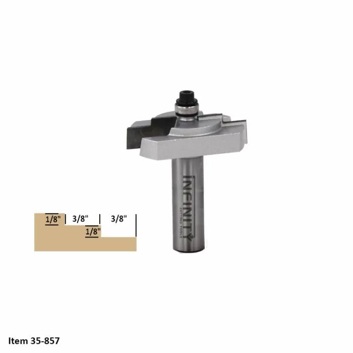 Slot cutter router bit with 1/8-inch and 3/8-inch cutting measurements for woodworking.