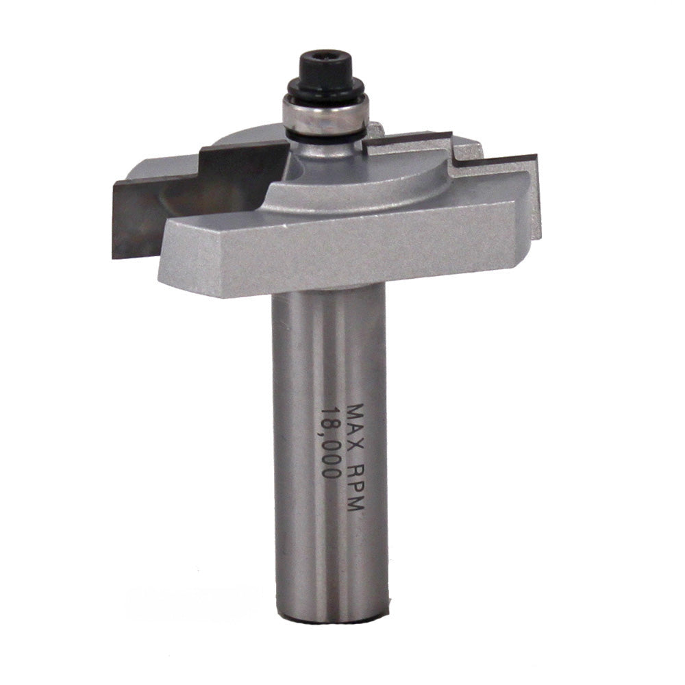 Carbide-tipped router bit for woodworking, straight shank, max 18,000 RPM, isolated view