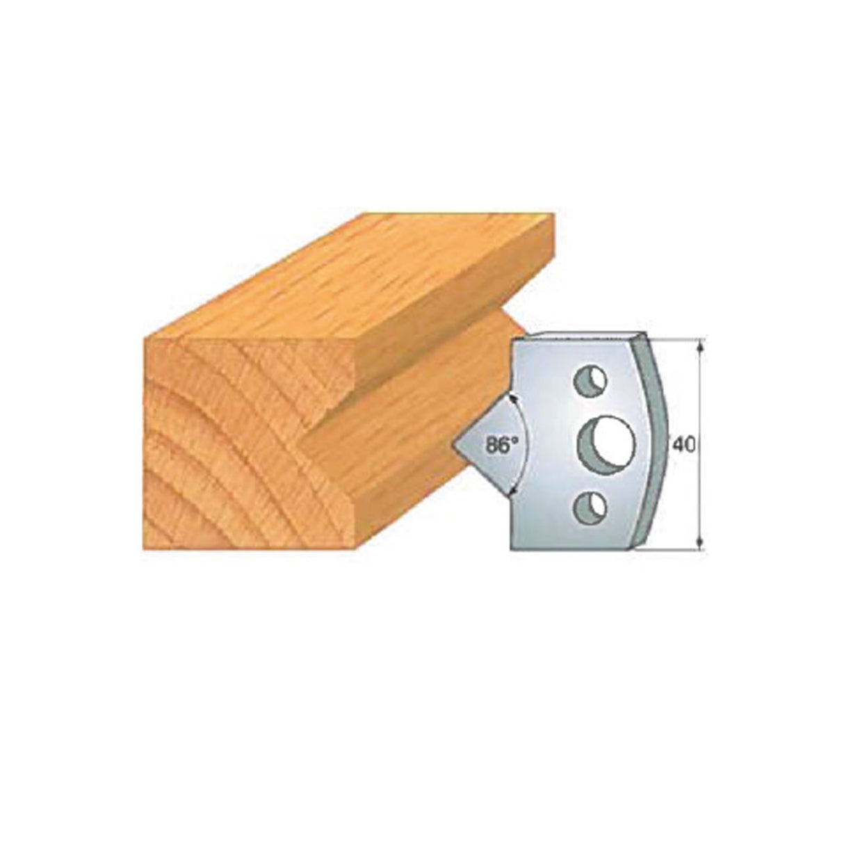 Woodworking cutter head profile with 86-degree angle and groove on wood block