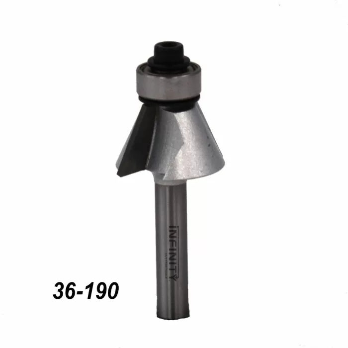 Chamfer router bit for woodworking, metal shaft, part number 36-190, isolated on white background.