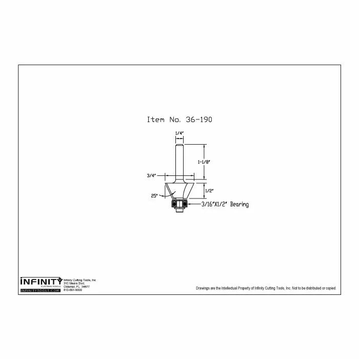 Technical drawing of router bit, item 36-190, with dimensions and bearing size labeled.