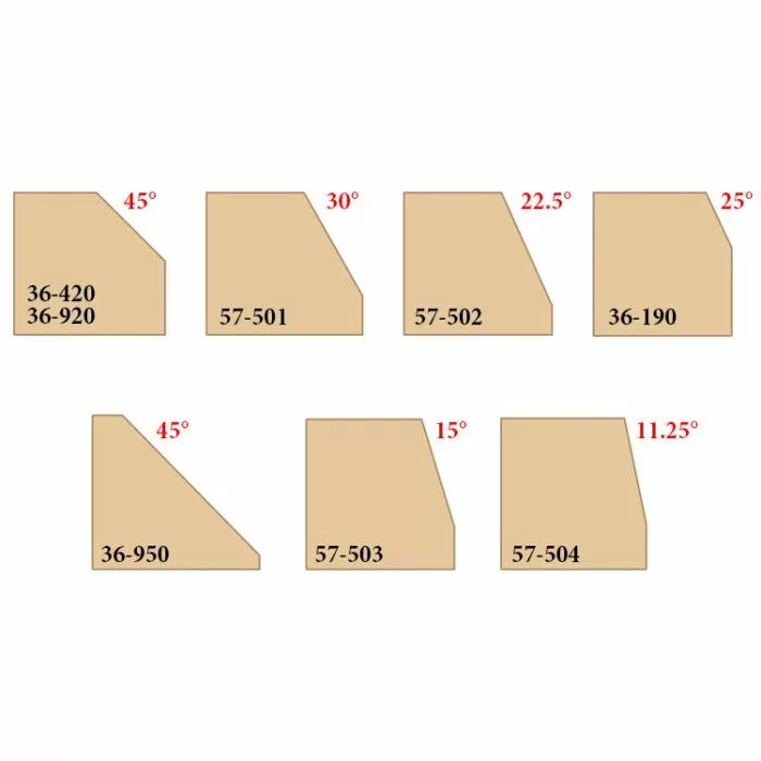 Woodworking chamfer profiles with labeled angles and part numbers for router bits