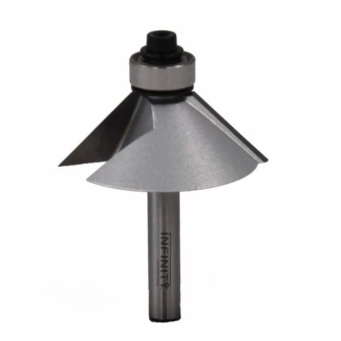 Chamfer router bit with ball bearing guide for woodworking on white background