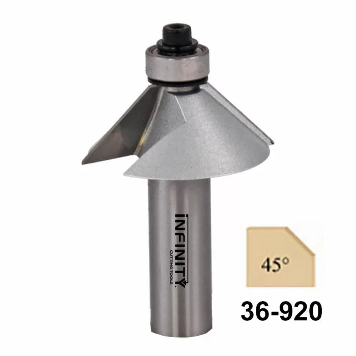 45-degree chamfer router bit for woodworking, close-up with number 36-920 visible