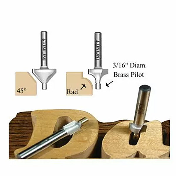 Router bits with brass pilot for woodworking, showing 45-degree chamfer and roundover cuts