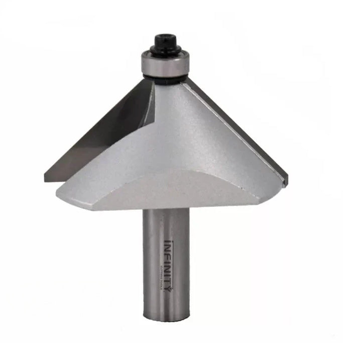 Carbide woodworking chamfer router bit with bearing, isolated on white background