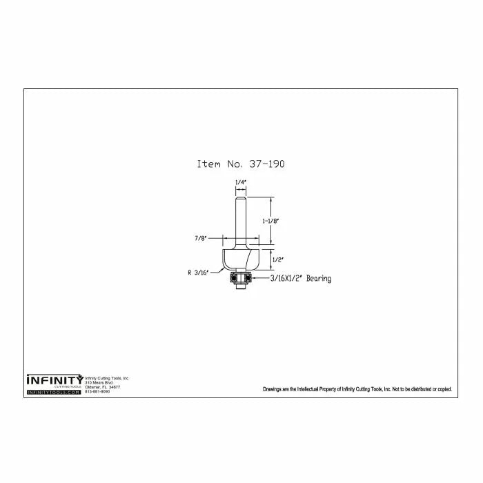 Technical drawing of woodworking router bit with bearing, item 37-190, dimensions labeled.