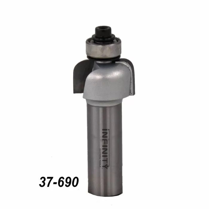 Roundover router bit with bearing for woodworking, model 37-690, on white background