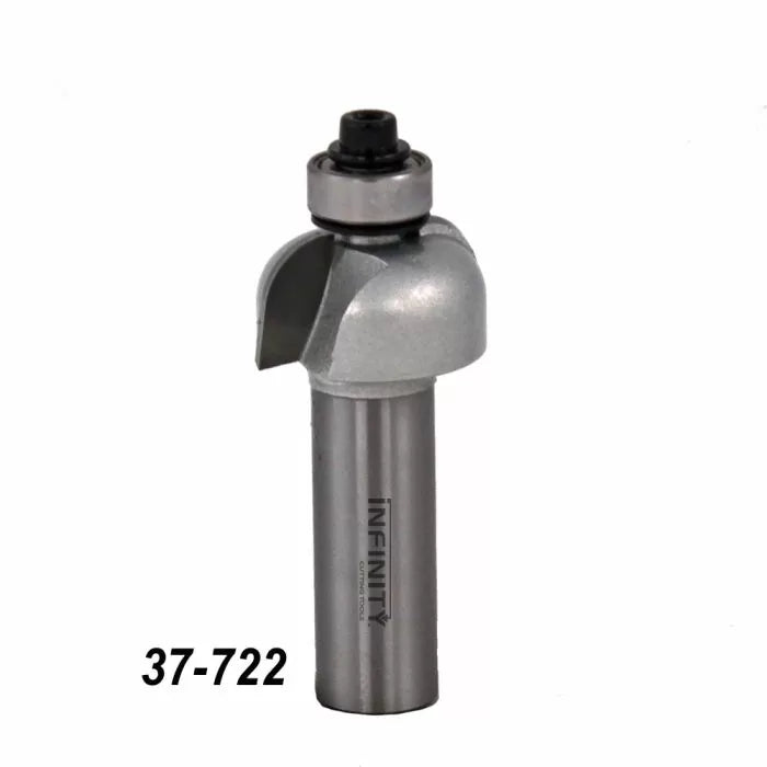 Roundover router bit with bearing for woodworking, silver finish, labeled 37-722.