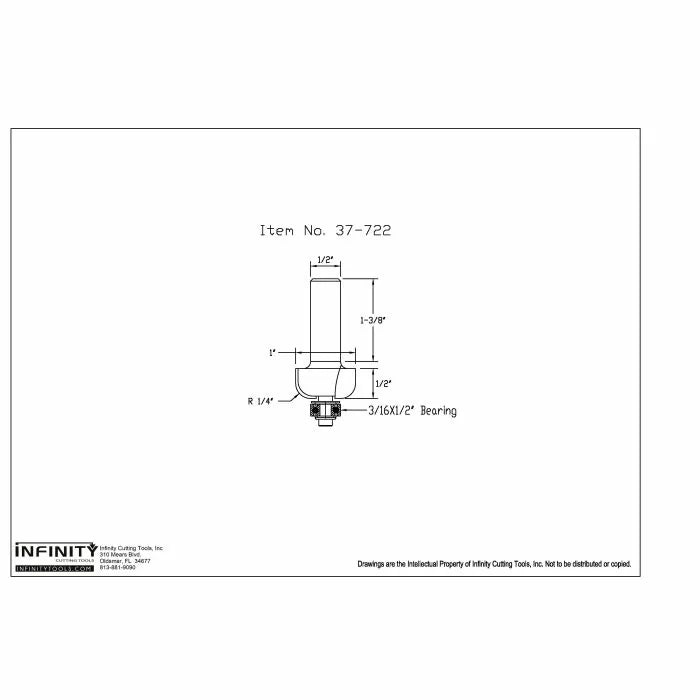 Technical drawing of woodworking router bit with labeled dimensions and bearing details.