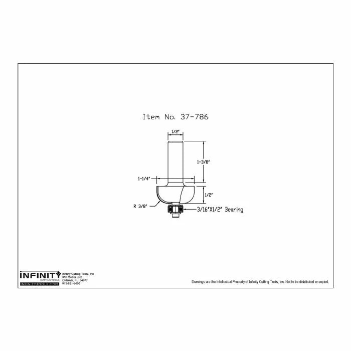 Technical drawing of woodworking router bit with dimensions and bearing, item 37-786.