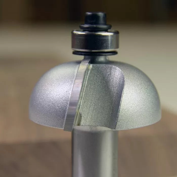 Roundover router bit with ball bearing guide for woodworking precision cuts