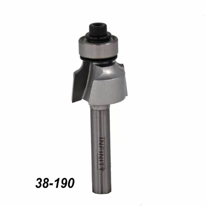 Roundover router bit with bearing, woodworking tool, model 38-190 on white background.