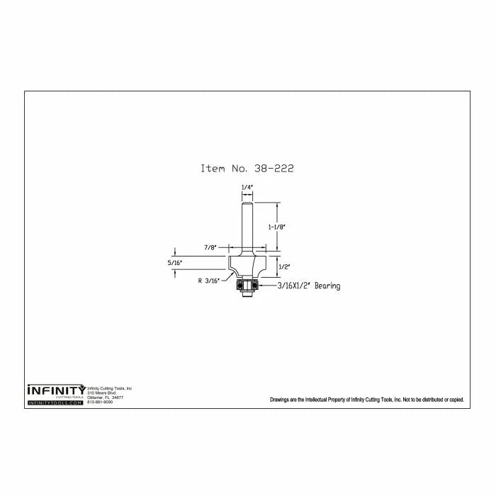 Technical drawing of router bit with bearing, woodworking tool dimensions labeled for item 38-222