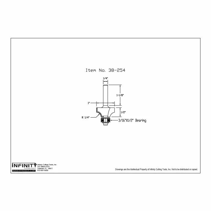 Technical drawing of a roundover router bit with labeled dimensions, woodworking tool diagram.