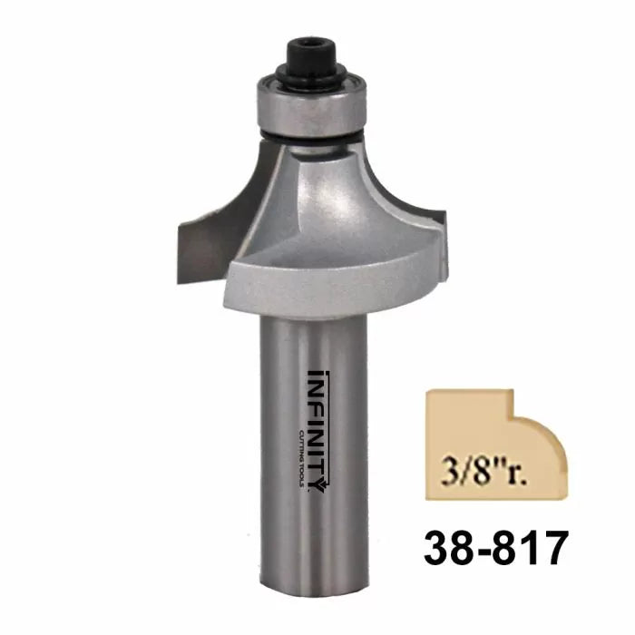 Roundover router bit with 3/8 inch radius, steel body, and part number 38-817