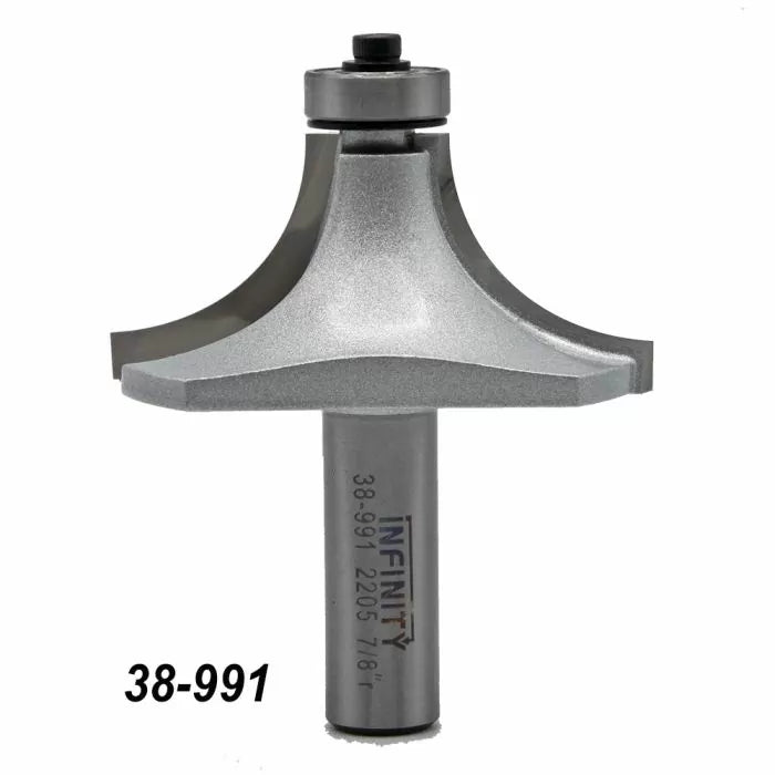 Curved edge woodworking router bit with bearing, labeled 38-991, for precision cutting.