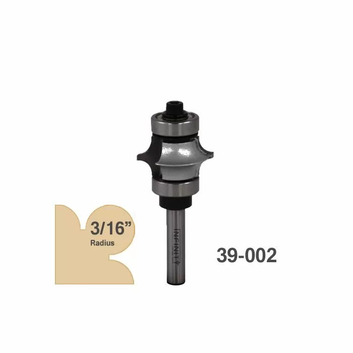 3/16 inch radius roundover router bit for woodworking, part number 39-002.