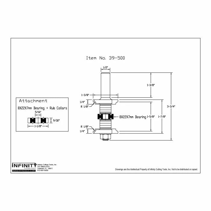 Technical drawing of router bit assembly with labeled measurements and bearing details.