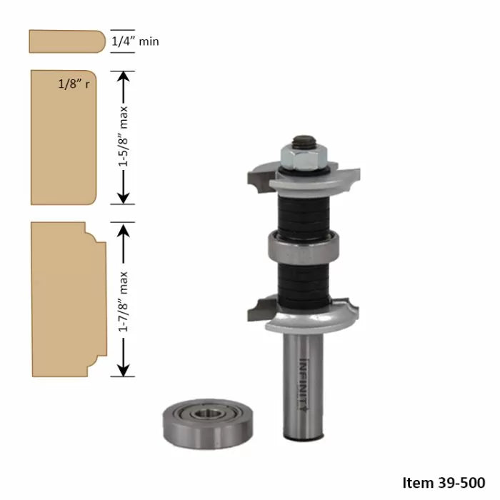 Woodworking router bit set with bearings and cutting profile diagrams for joinery, item 39-500.