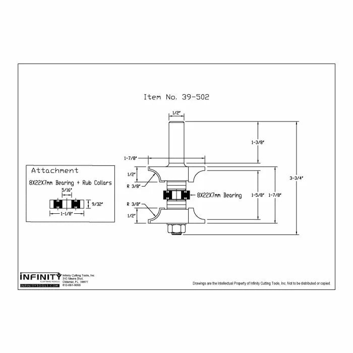 Technical drawing of woodworking router bit with dimensions and bearing attachment details