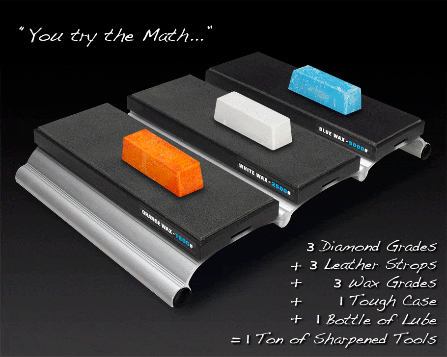 Three sharpening stones with orange, white, and blue wax bars for woodworking tool sharpening.