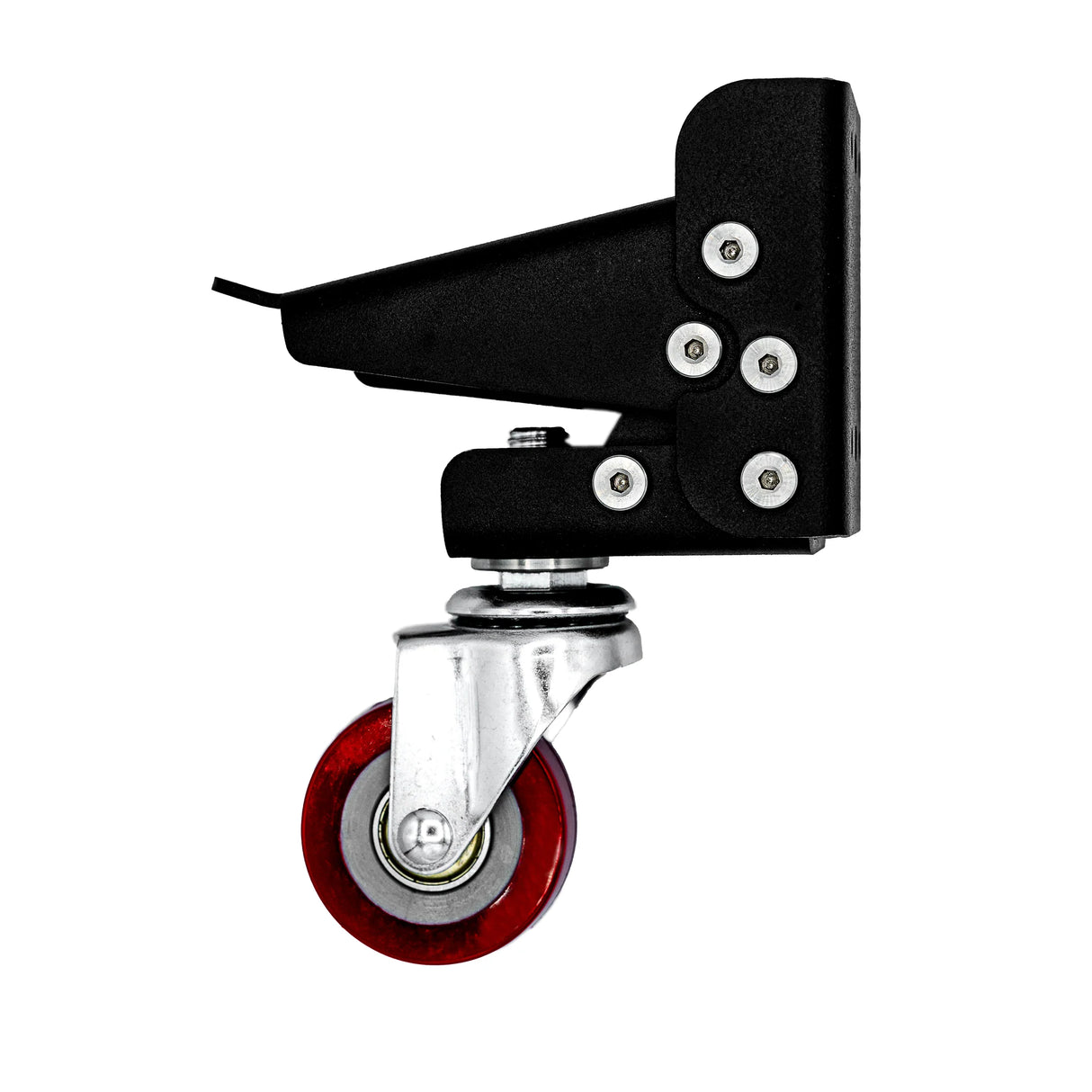 Heavy-duty swivel caster with red polyurethane wheel and black metal mounting bracket