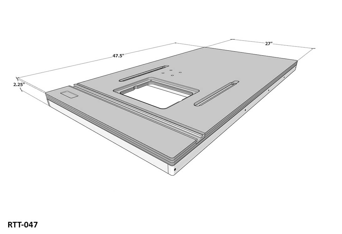 3D model of a woodworking router table top with miter slots and dimensions labeled