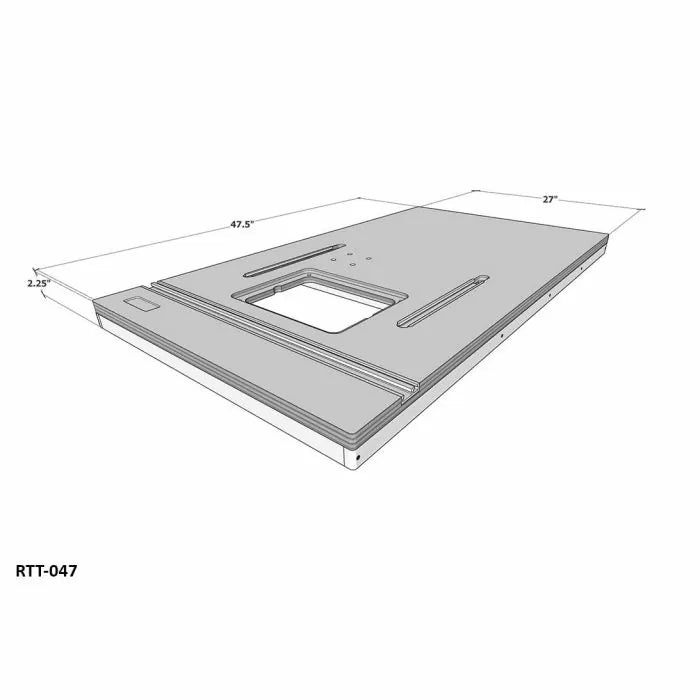 3D model of router table top with miter slots, insert opening, and measurements shown