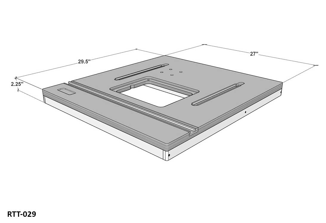 3D diagram of a router table top with dimensions 29.5 x 27 x 2.25 inches, model RTT-029.